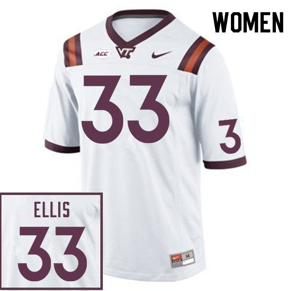 Women #33 Miles Ellis Virginia Tech Hokies College Football Jerseys Sale-White - Click Image to Close